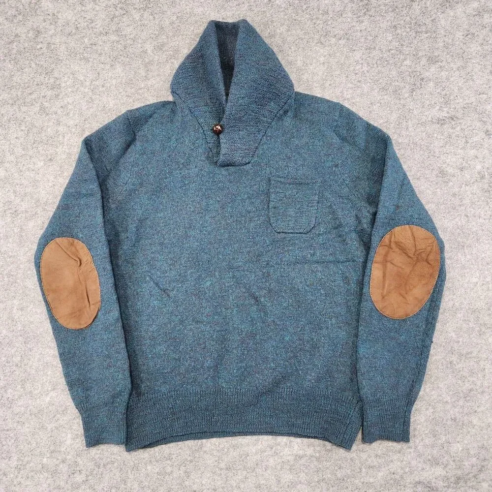J Crew Women Merino Wool Slim Blue Shawl Collar Leather Elbow Patch Sweater READ